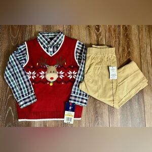 Izod 3 Piece Christmas Reindeer Vest, Plaid Button Up, Corduroy Pant Set 3T